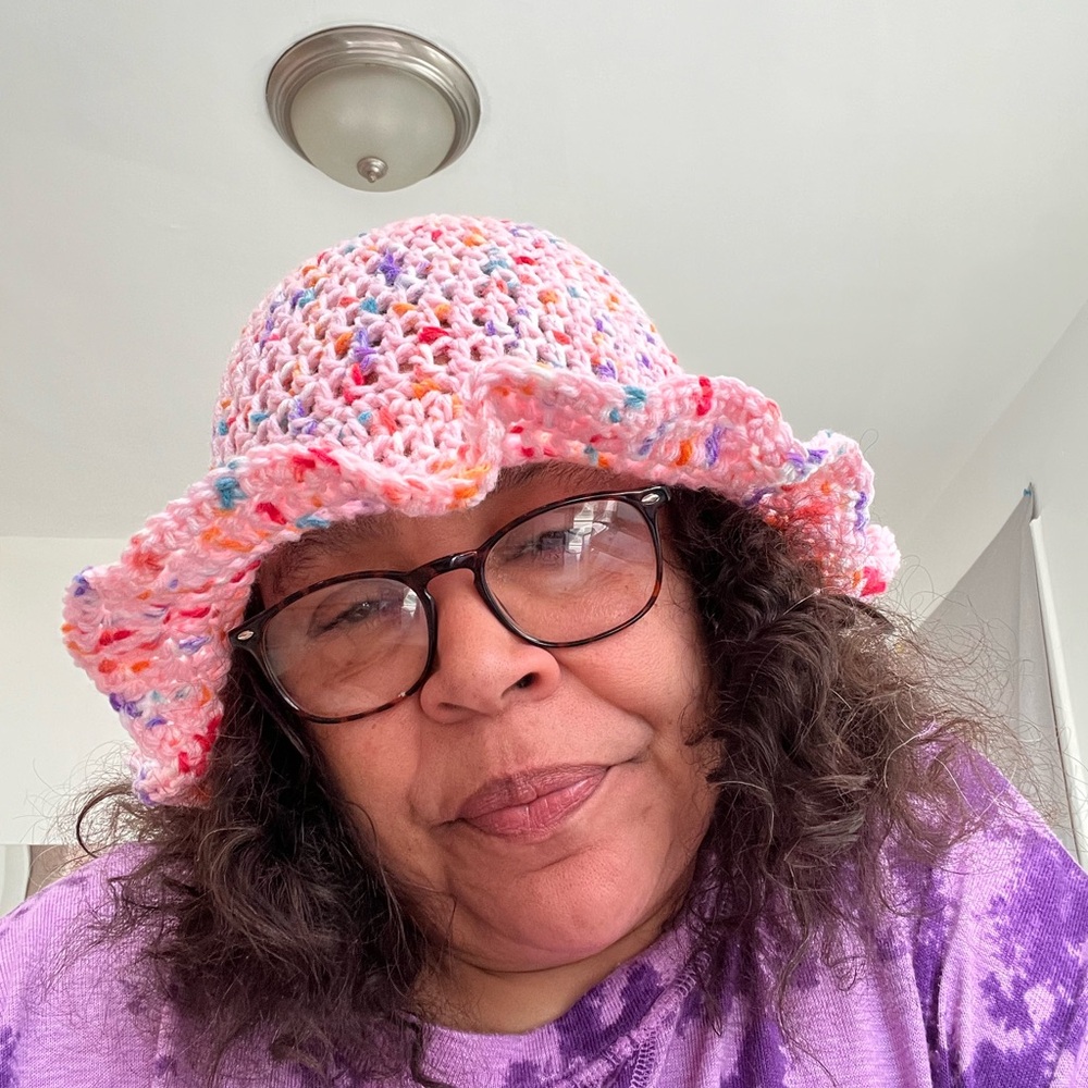 Pink Crocheted Hat with Ruffled Brim - Picture 3 of 3